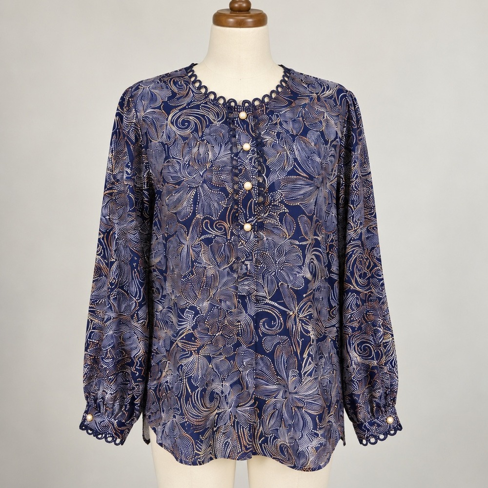 Johnny Was Shades of Silk Blouse L Blue Floral Paisley Scalloped Pearl Button - Picture 2 of 16